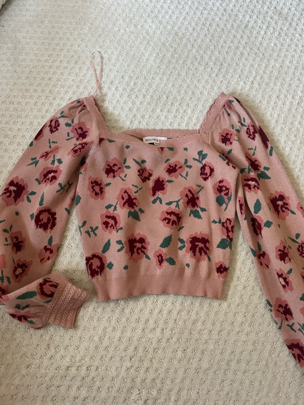 Pink Floral Square-Neck Puff Sleeve Knit Top